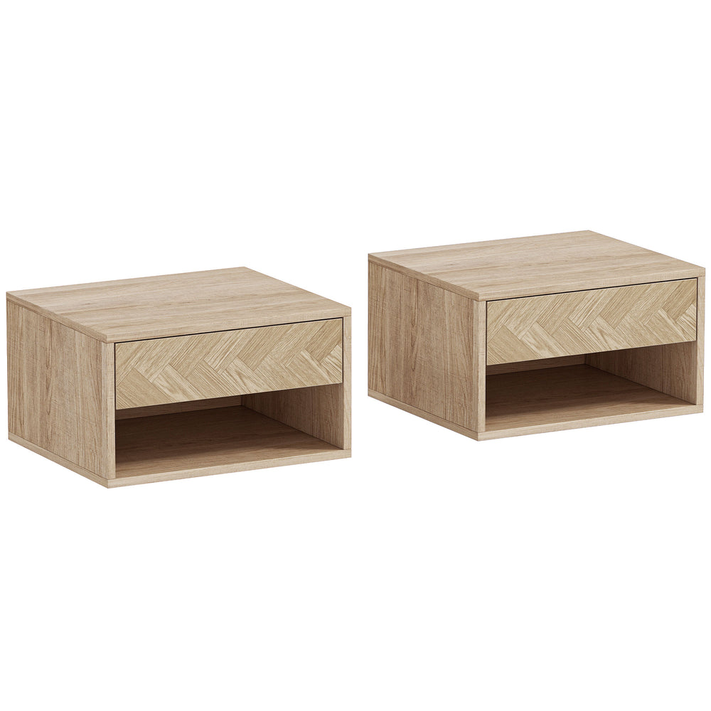 HOMCOM Set of Two Floating Bedside Tables - Natural Wood Finish