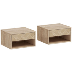 HOMCOM Set of Two Floating Bedside Tables - Natural Wood Finish