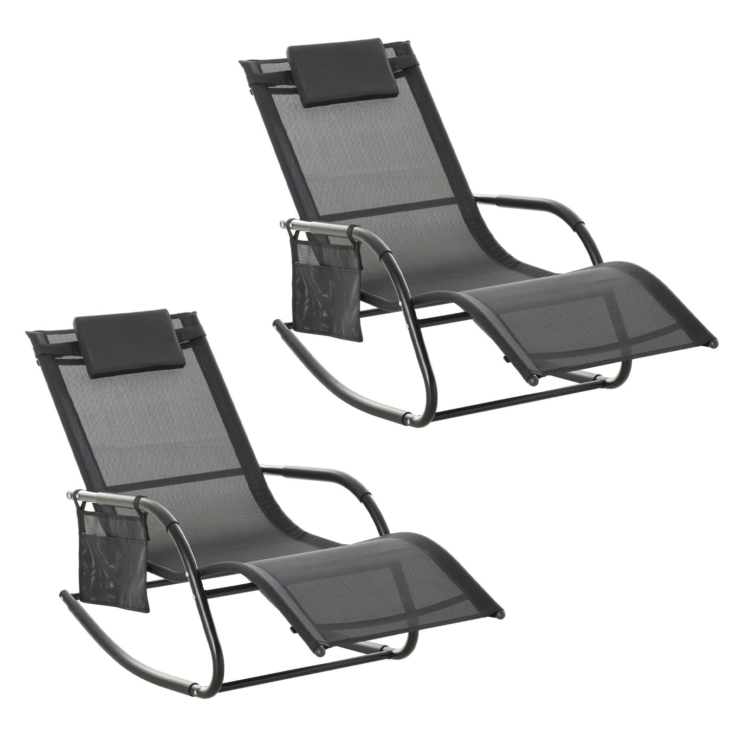 Outsunny 2PCs Outdoor Garden Rocking Chair, Patio Sun Lounger Rocker Chair with Breathable Mesh Fabric, Removable Headrest Pillow, Armrest, Side Storage Bag, Black