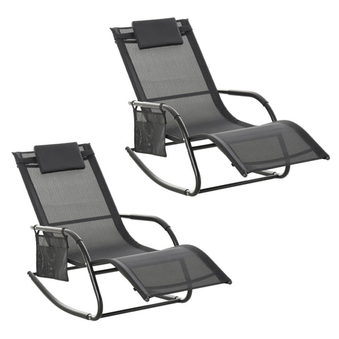 Outsunny 2PCs Outdoor Garden Rocking Chair, Patio Sun Lounger Rocker Chair with Breathable Mesh Fabric, Removable Headrest Pillow, Armrest, Side Storage Bag, Black