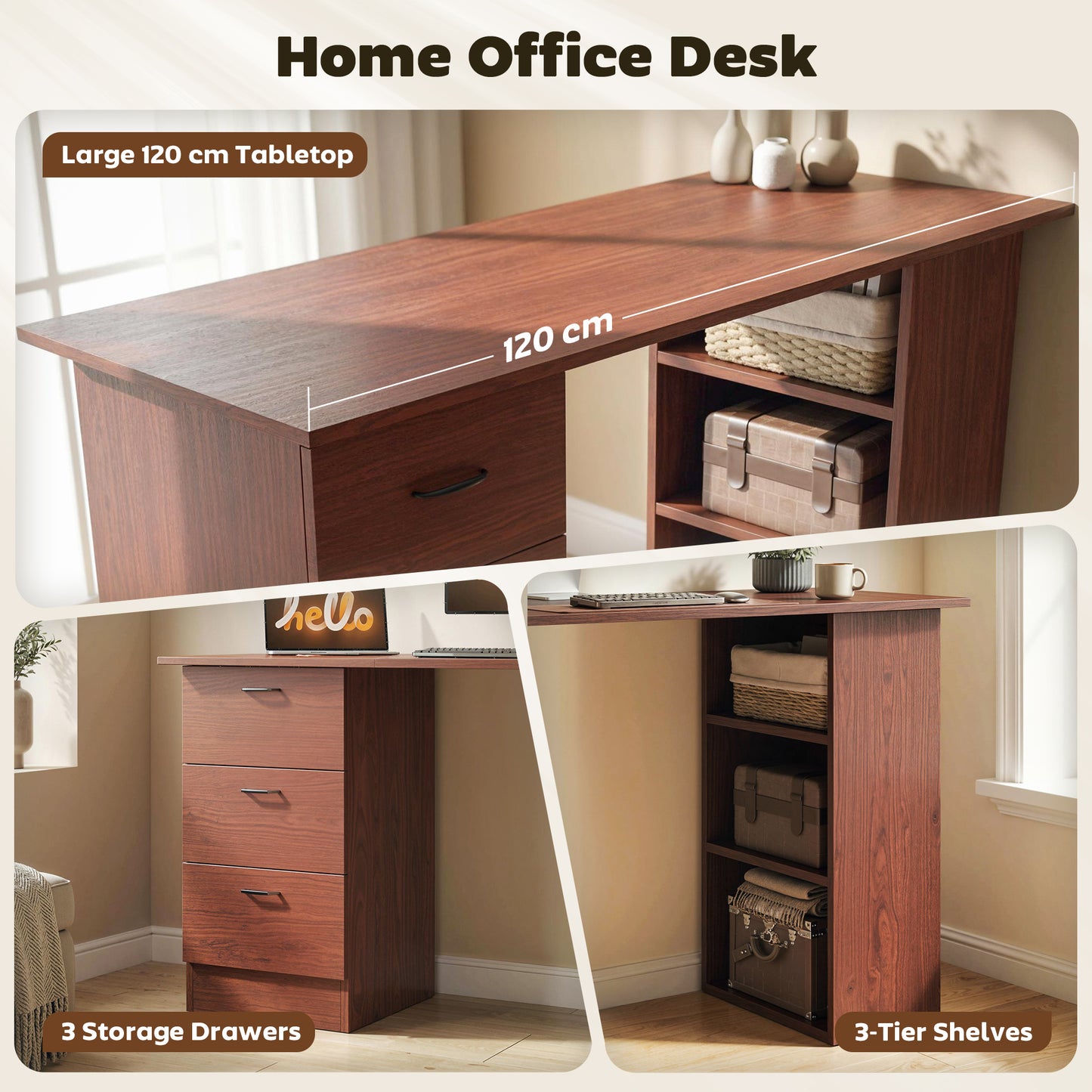 HOMCOM Computer Desk, Writing Table, PC Workstation with 3 Storage Shelves and Drawers, Handle, for Home Office, Walnut Brown