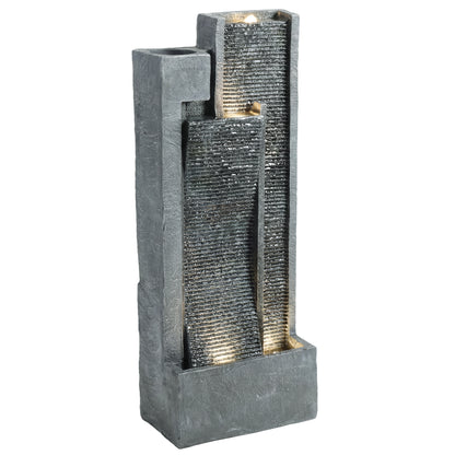 Outsunny Water Feature with LED Lights and Planter, 3-Tier Garden Water Fountain with Pump, Resin Waterfall Feature, Dark Grey