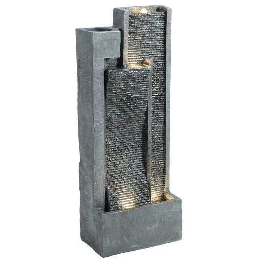 Outsunny Water Feature with LED Lights and Planter, 3-Tier Garden Water Fountain with Pump, Resin Waterfall Feature, Dark Grey