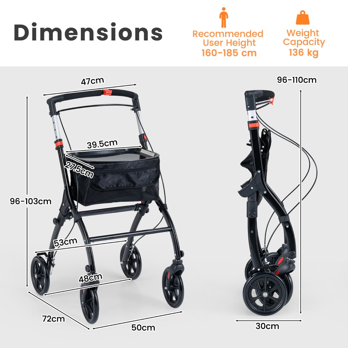 Rollator Walkers Lightweight Foldable Rolling Walker with Tray for Seniors-Black