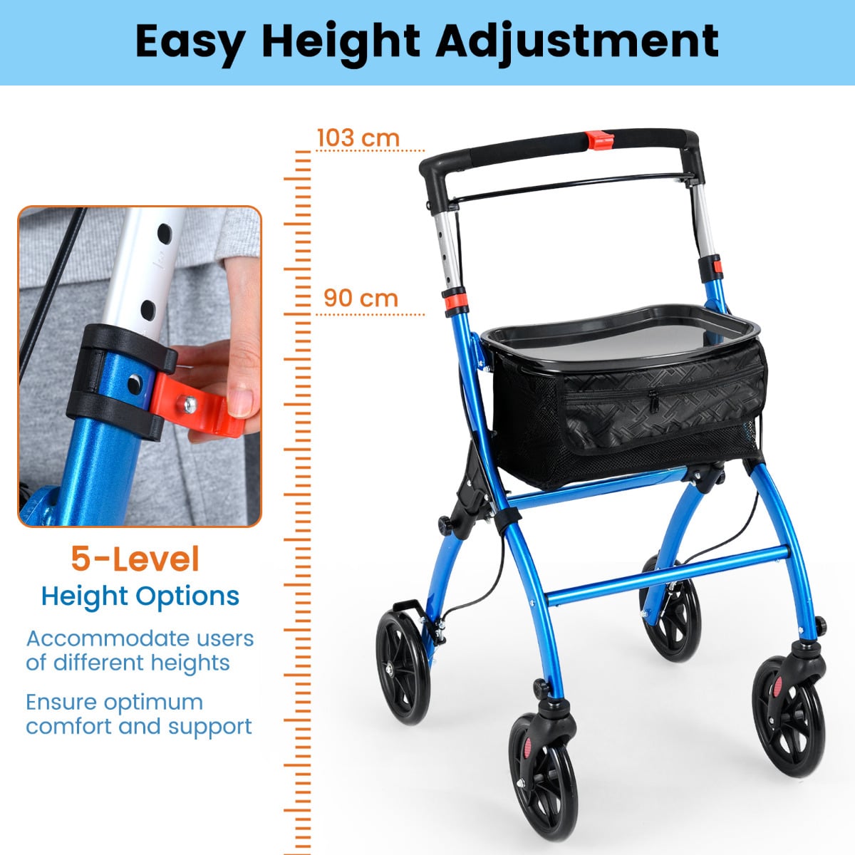Rollator Walkers Lightweight Foldable Rolling Walker with Tray for Seniors-Black & Blue
