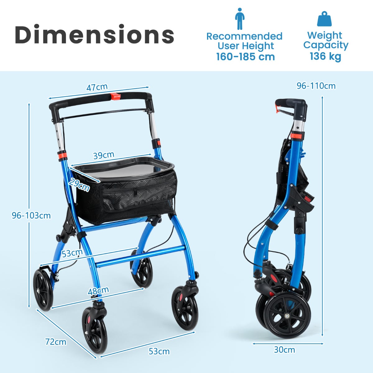 Rollator Walkers Lightweight Foldable Rolling Walker with Tray for Seniors-Black & Blue