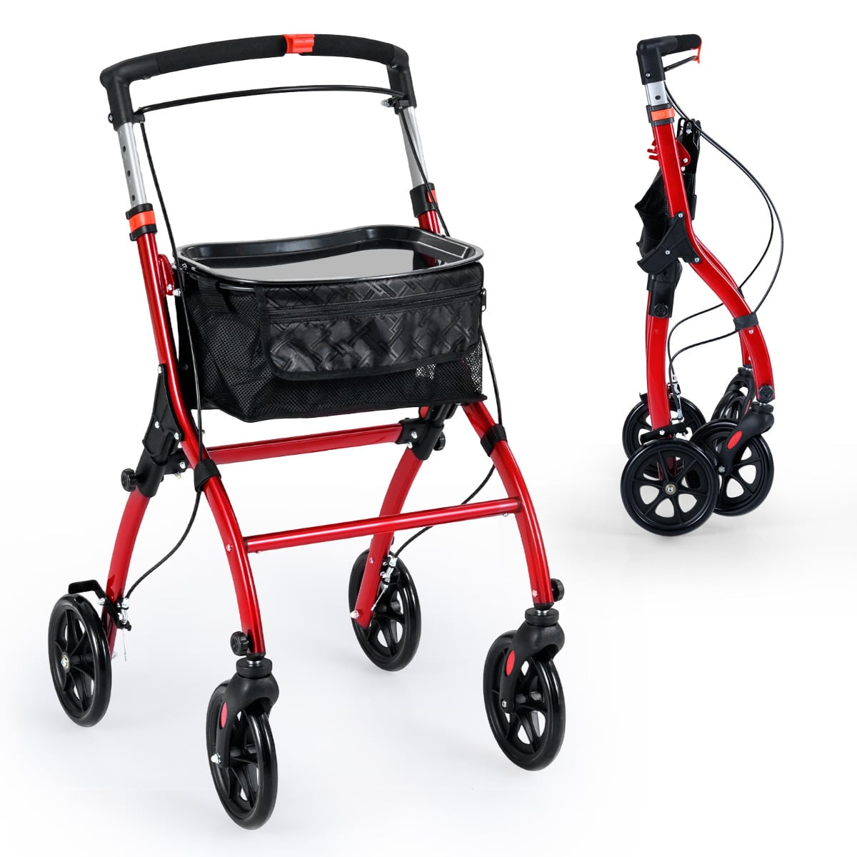 Rollator Walkers Lightweight Foldable Rolling Walker with Tray for Seniors-Black & Red