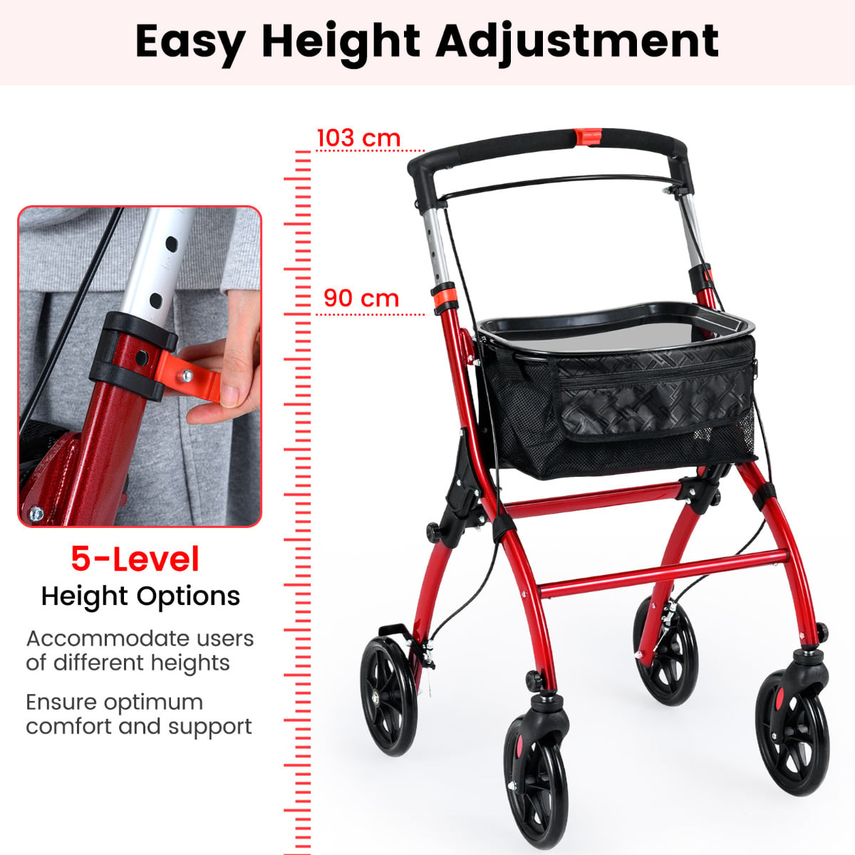 Rollator Walkers Lightweight Foldable Rolling Walker with Tray for Seniors-Black & Red
