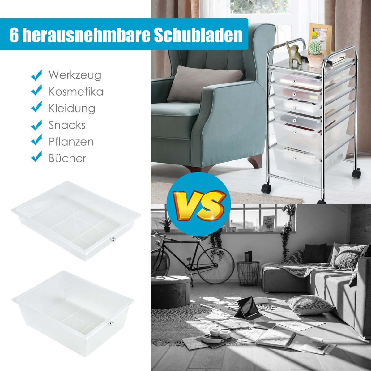 6 Drawers Rolling Storage Cart Organizer-Clear