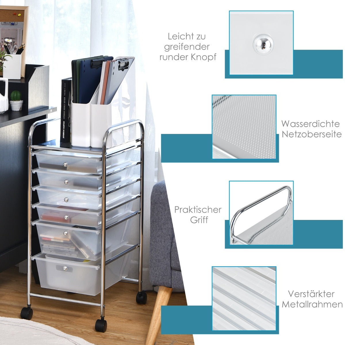 6 Drawers Rolling Storage Cart Organizer-Clear