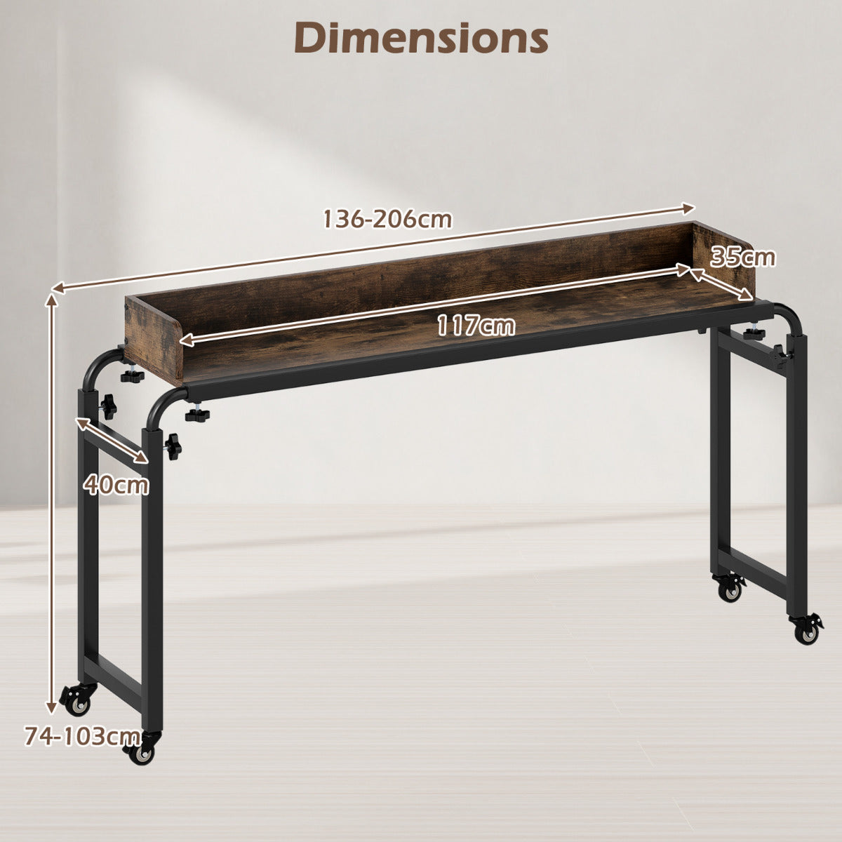 Rolling Computer Desk with Wheels and Metal Frame-Rustic Brown
