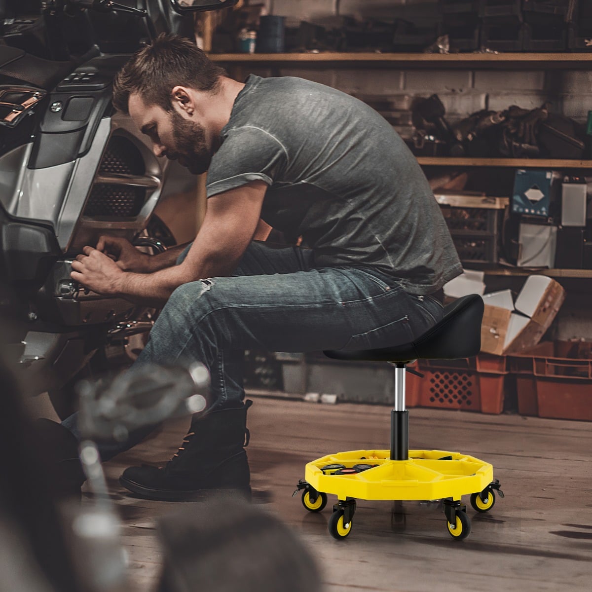 54-67 CM Height Adjustable Rolling Garage Stool with Tool Tray Storage-Yellow