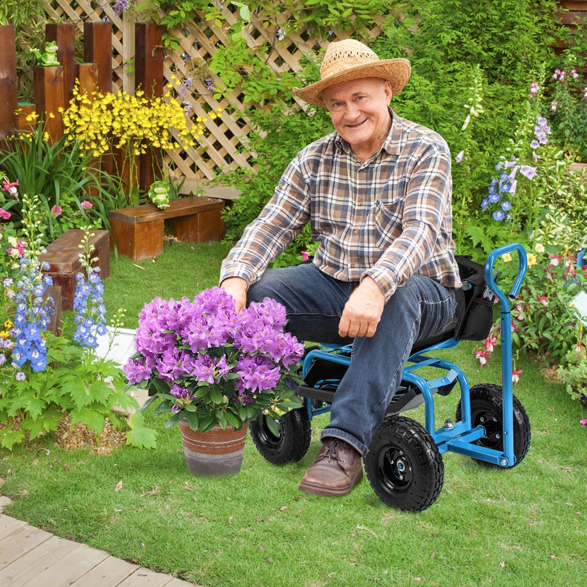 Rolling Garden Cart with Adjustable Height and Tool Tray-Blue