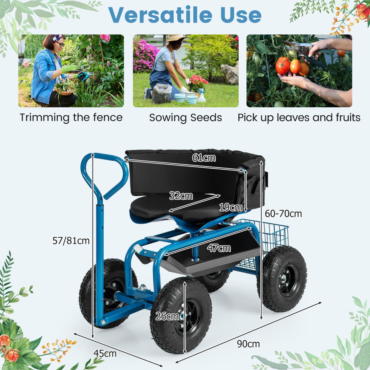 Rolling Garden Cart with Adjustable Height and Tool Tray-Blue