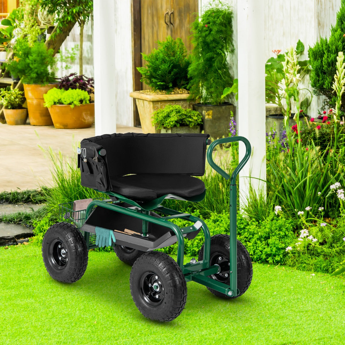 Rolling Garden Cart with Adjustable Height and Tool Tray-Green
