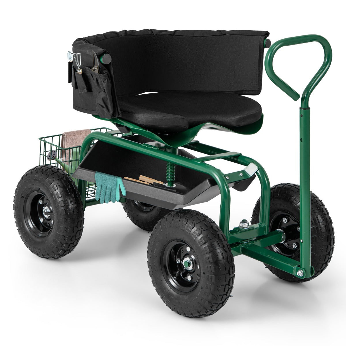 Rolling Garden Cart with Adjustable Height and Tool Tray-Green