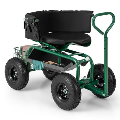 Rolling Garden Cart with Adjustable Height and Tool Tray-Green