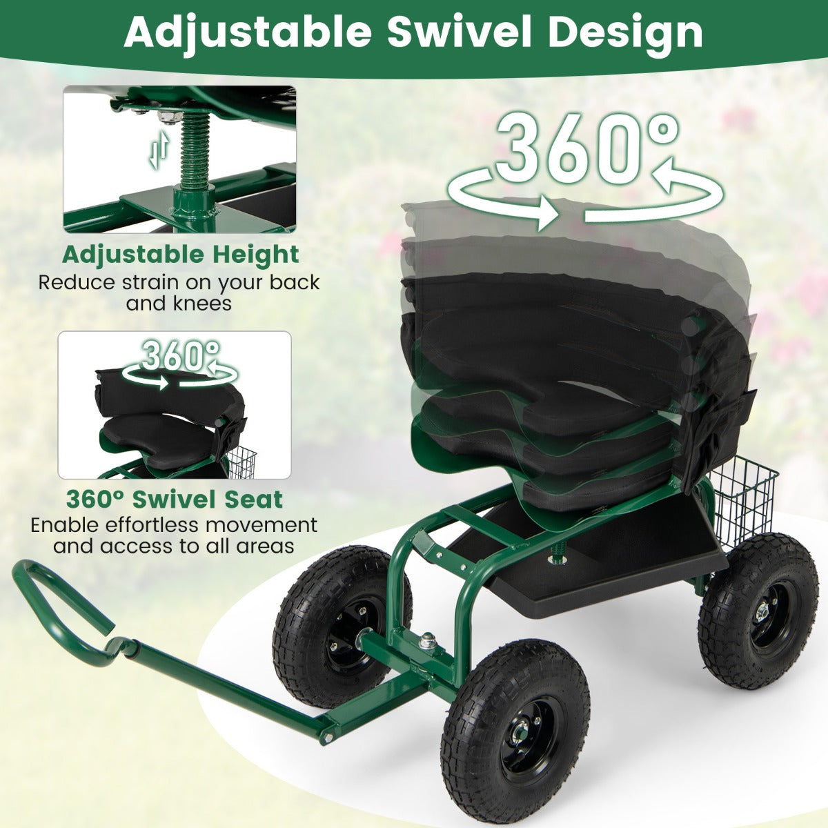 Rolling Garden Cart with Adjustable Height and Tool Tray-Green