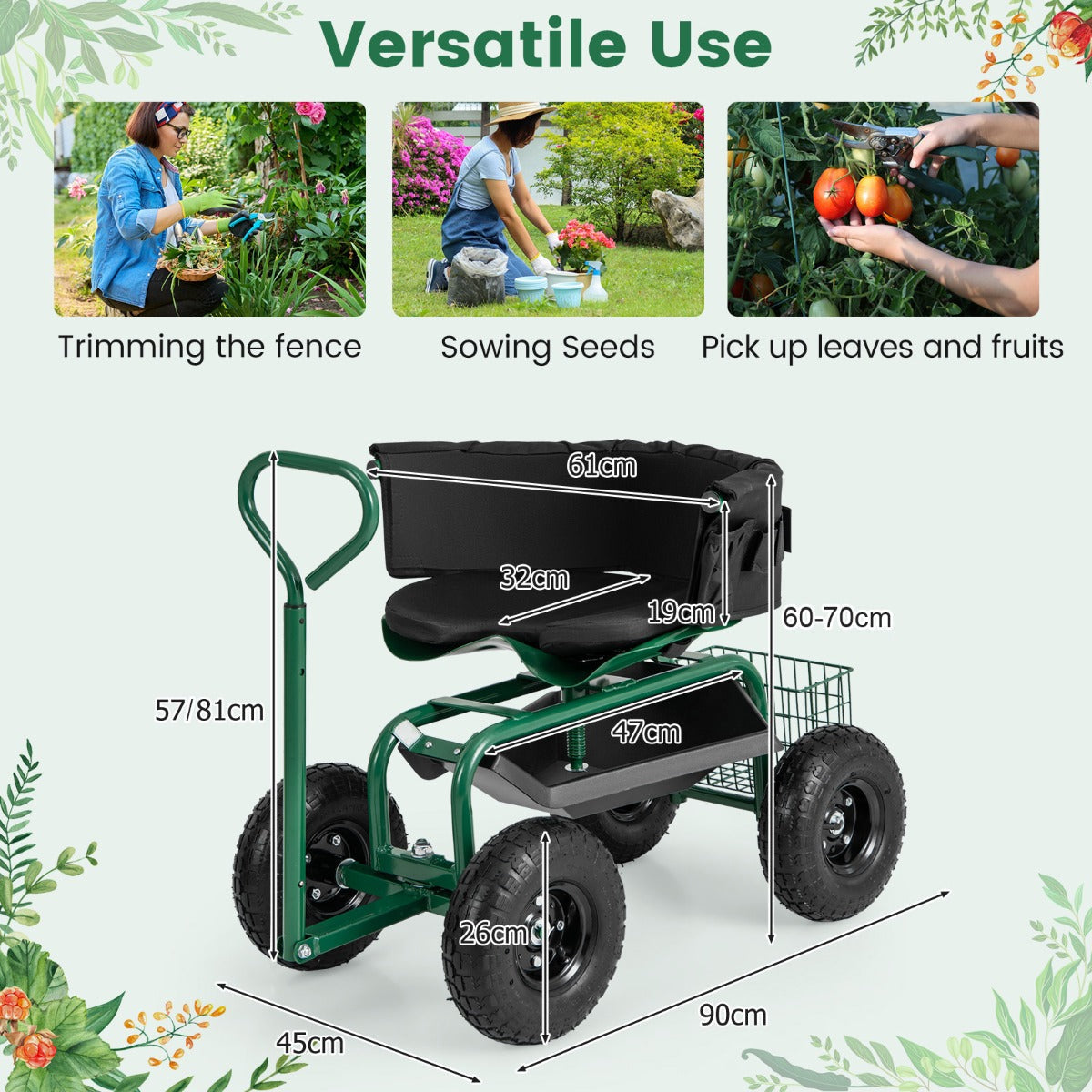 Rolling Garden Cart with Adjustable Height and Tool Tray-Green