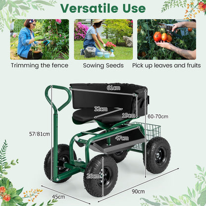 Rolling Garden Cart with Adjustable Height and Tool Tray-Green