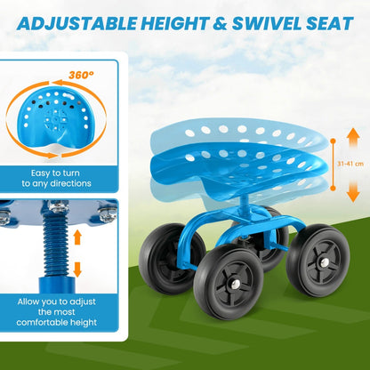 Rolling Garden Workseat with 360°Swivel Seat and Adjustable Height-Blue