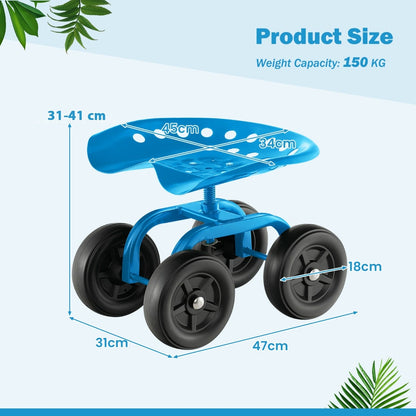 Rolling Garden Workseat with 360°Swivel Seat and Adjustable Height-Blue