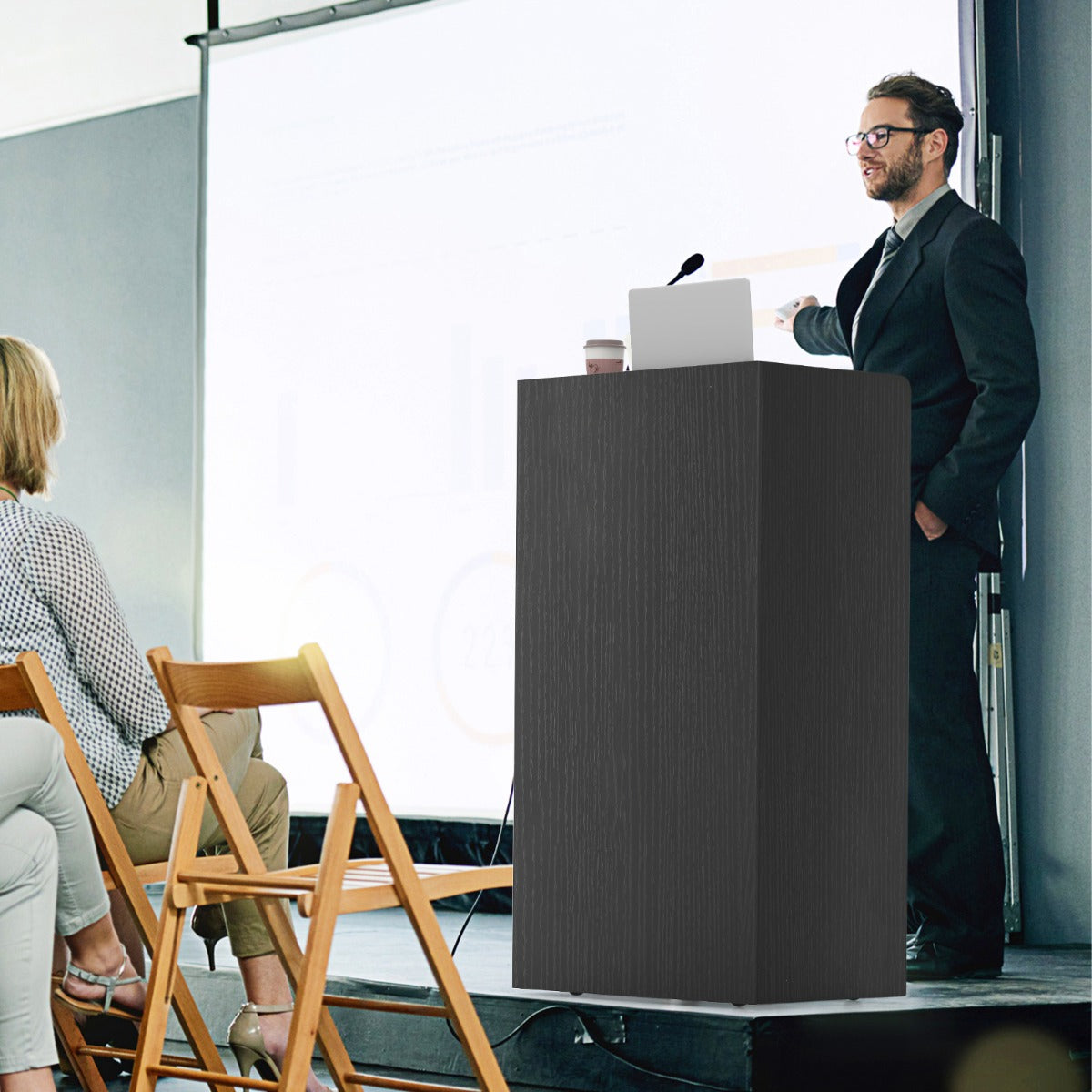 Rolling Lectern Stand with 2 Storage Shelves and 4 Universal Casters-Black