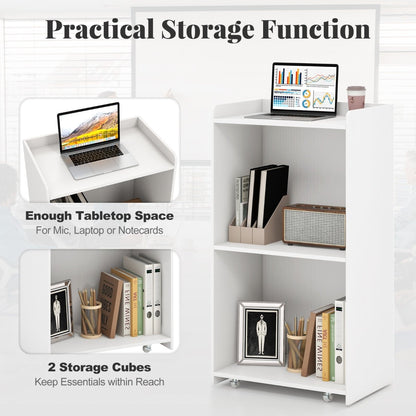 Rolling Lectern Stand with 2 Storage Shelves and 4 Universal Casters-White