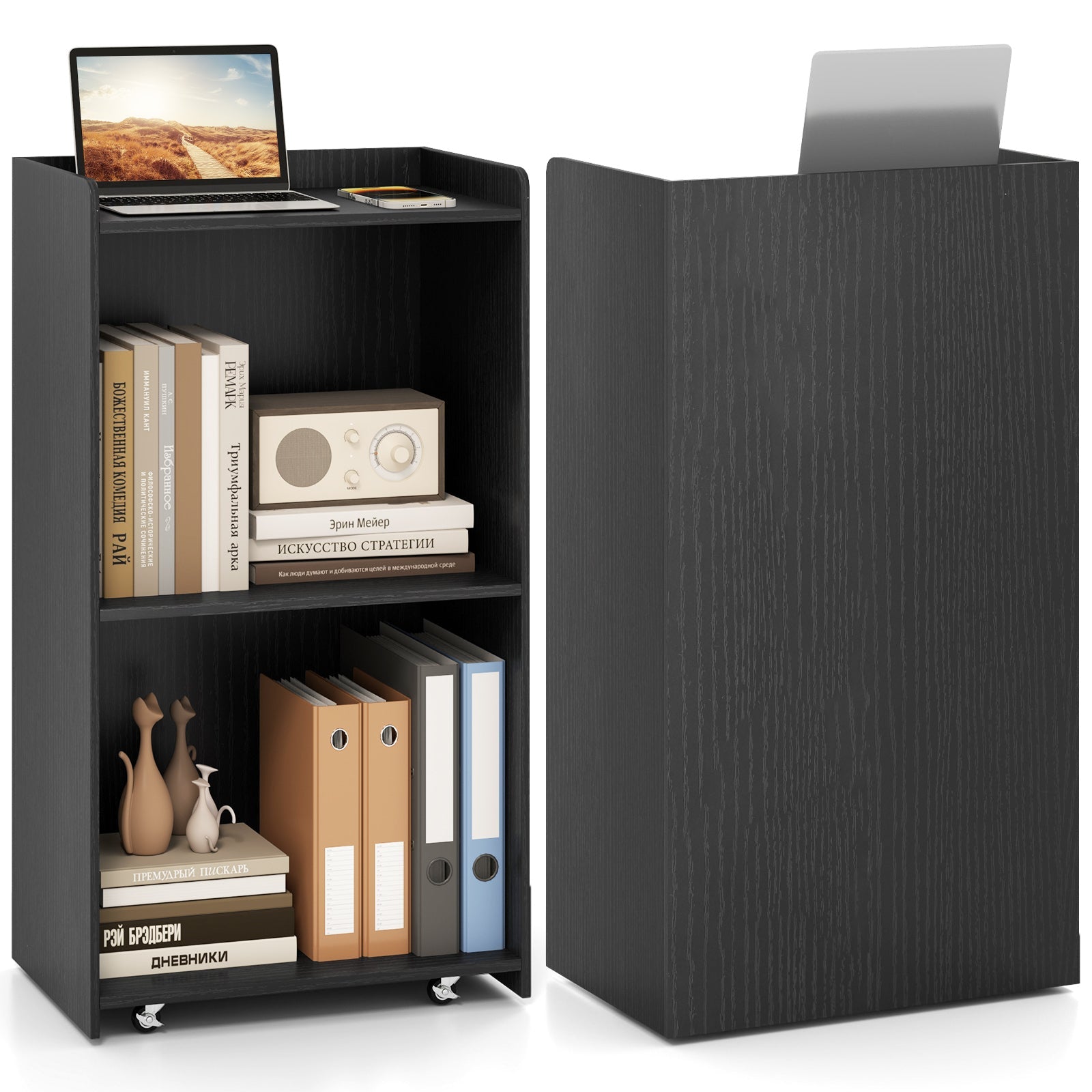 Rolling Podium Stand with 2 Shelves and Lockable Wheels-Black