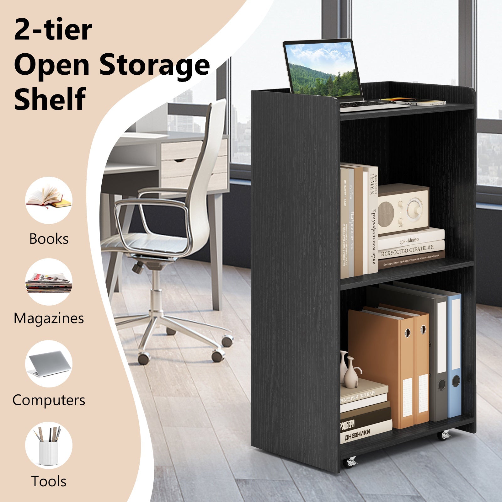 Rolling Podium Stand with 2 Shelves and Lockable Wheels-Black