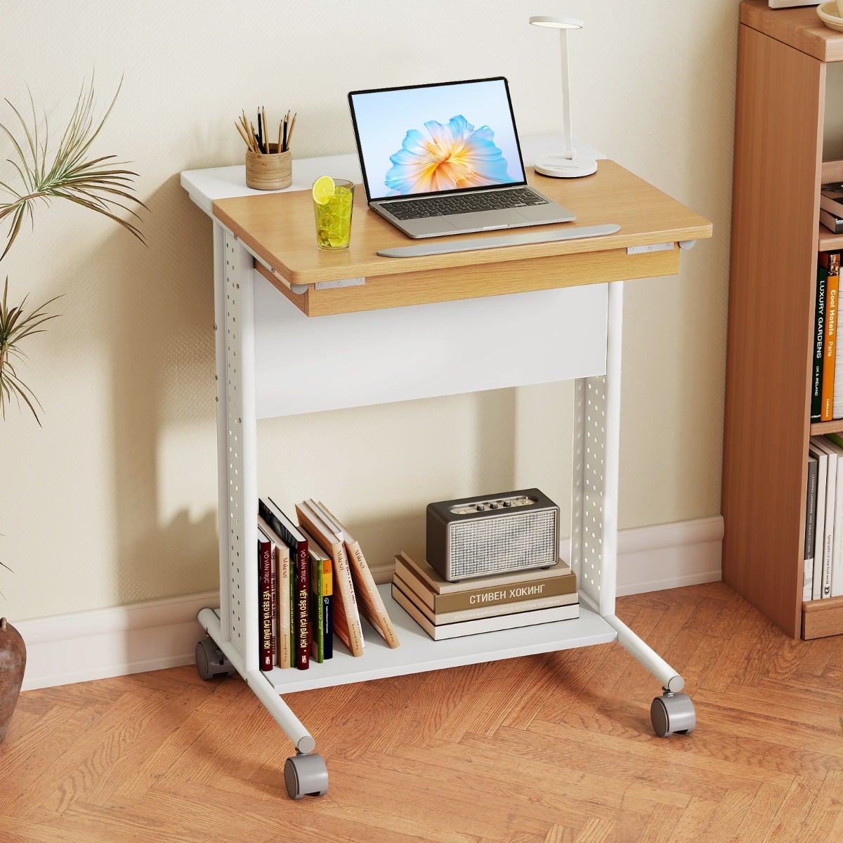 Rolling Portable Desk Laptop Desk C-Shaped Computer Cart-Natural