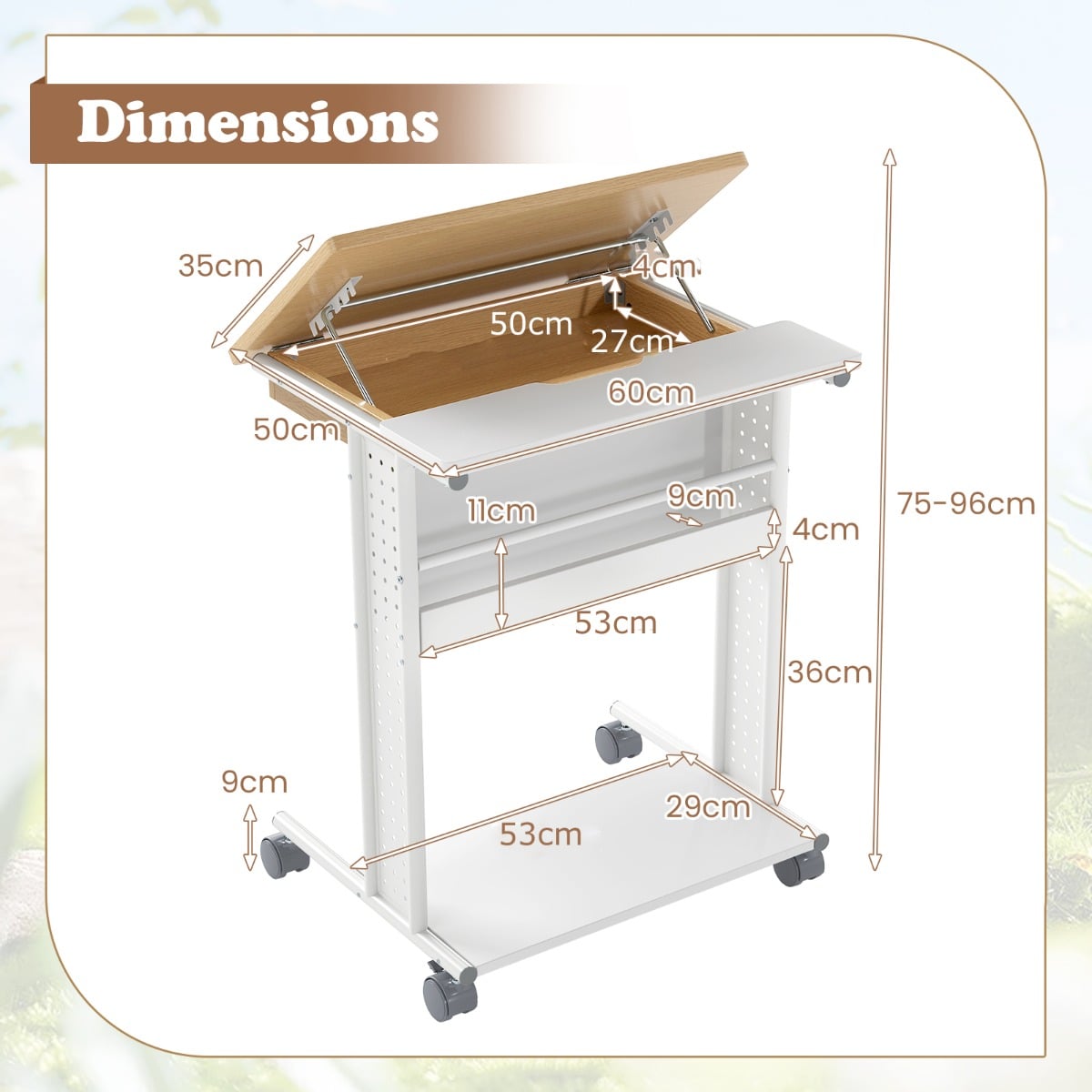 Rolling Portable Desk Laptop Desk C-Shaped Computer Cart-Natural
