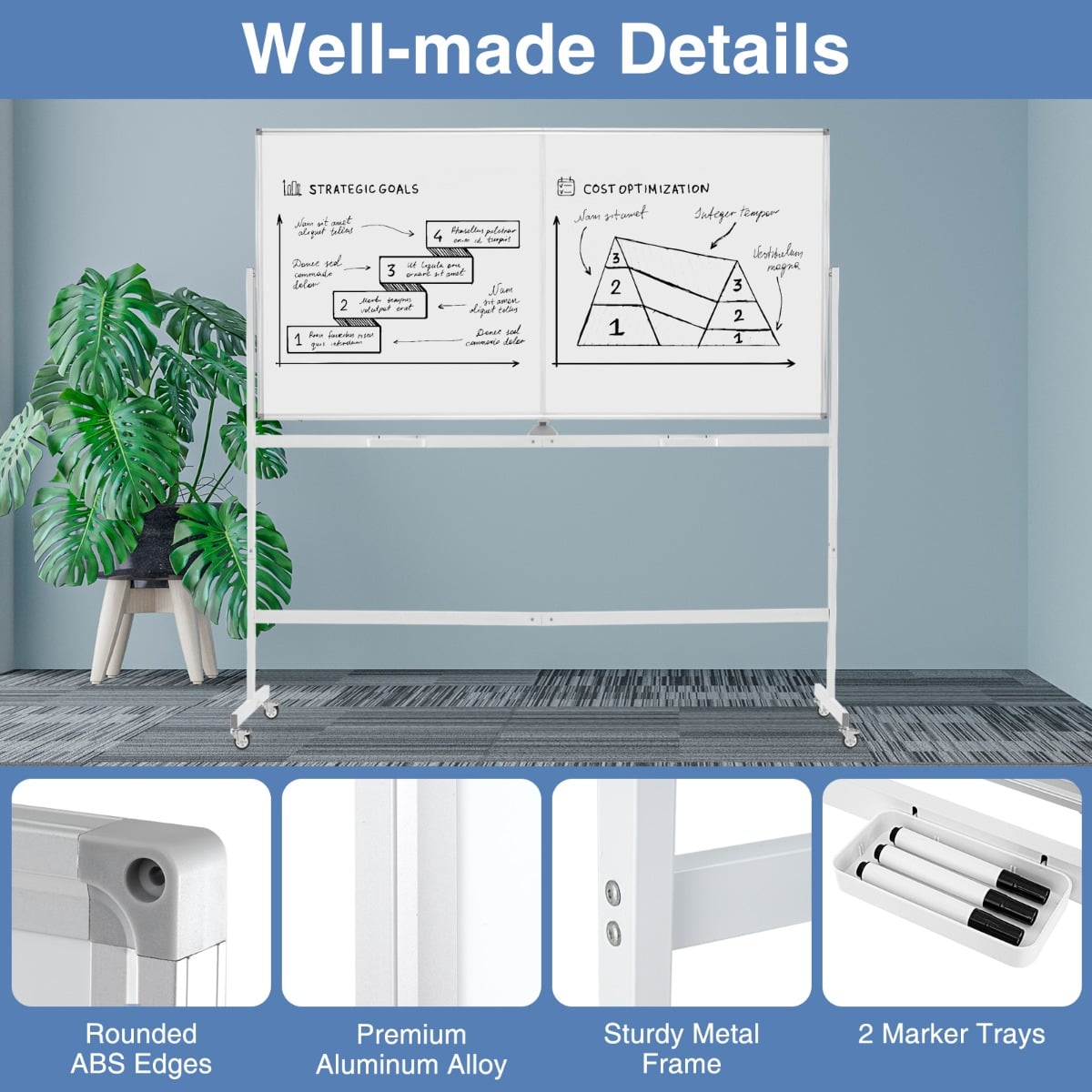 Rolling Whiteboard on Wheels with Stand and Aluminum Alloy Frame-White