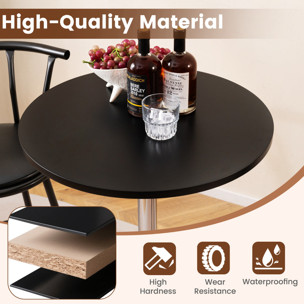 Round Bar Table with Silver Leg and Base for Home Bar-Black