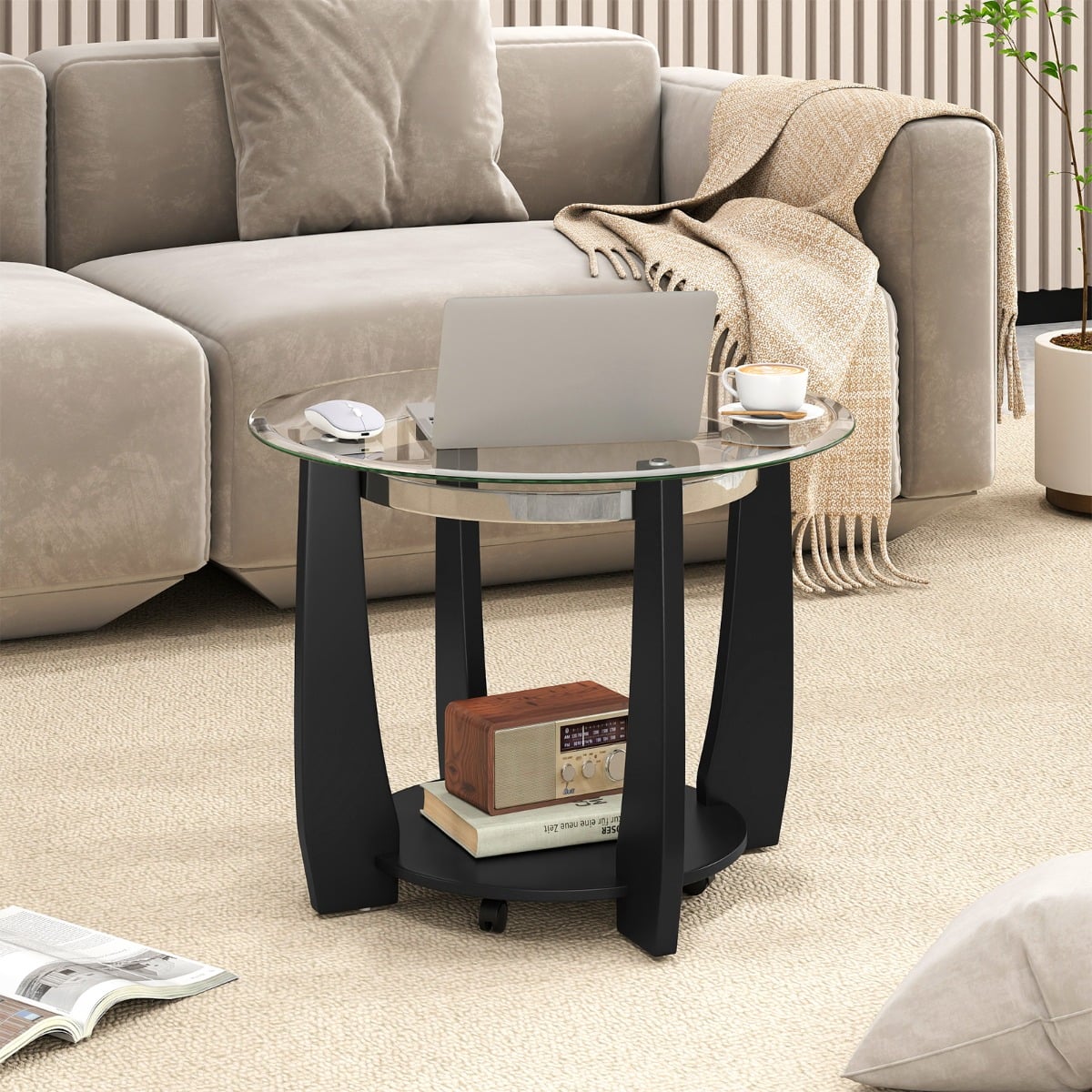 81CM 2-Tier Round Center Table with Storage Shelf and Solid Rubber Wood Legs-Black