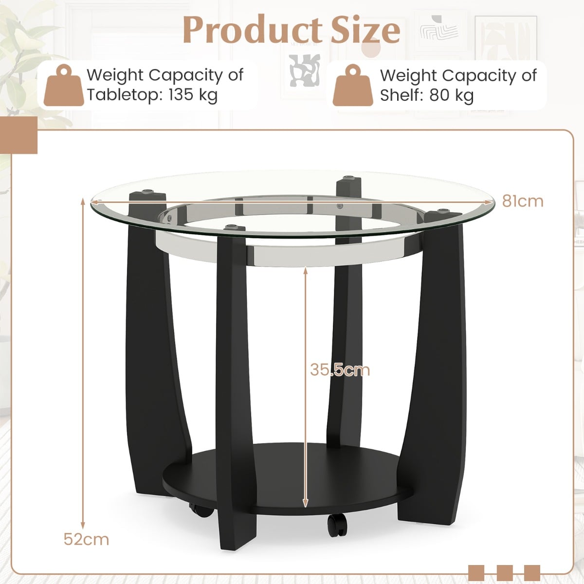 81CM 2-Tier Round Center Table with Storage Shelf and Solid Rubber Wood Legs-Black