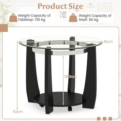 81CM 2-Tier Round Center Table with Storage Shelf and Solid Rubber Wood Legs-Black