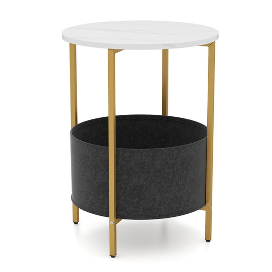 Round End Table for Small Space with Removable Fabric Basket and Metal Frame-White