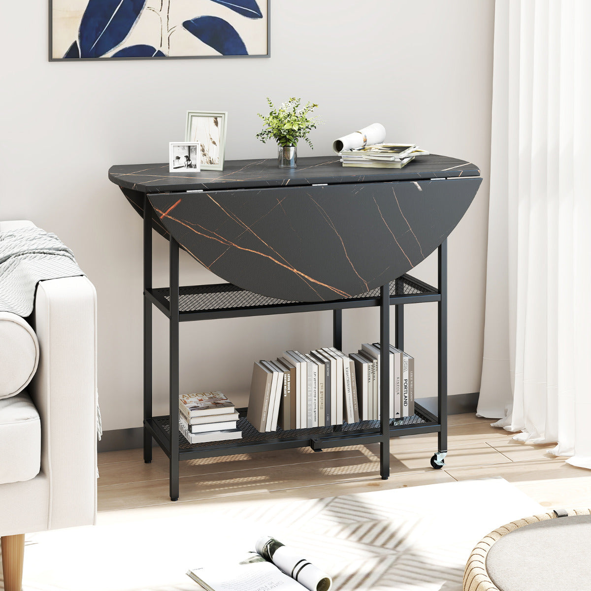 Round Kitchen Table Modern Dining Table with Drop Leaf Tabletop-Black