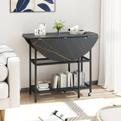 Round Kitchen Table Modern Dining Table with Drop Leaf Tabletop-Black