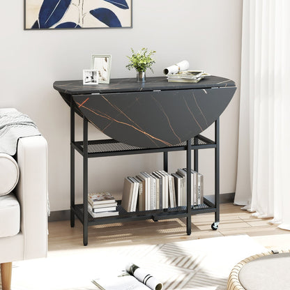 Round Kitchen Table Modern Dining Table with Drop Leaf Tabletop-Black