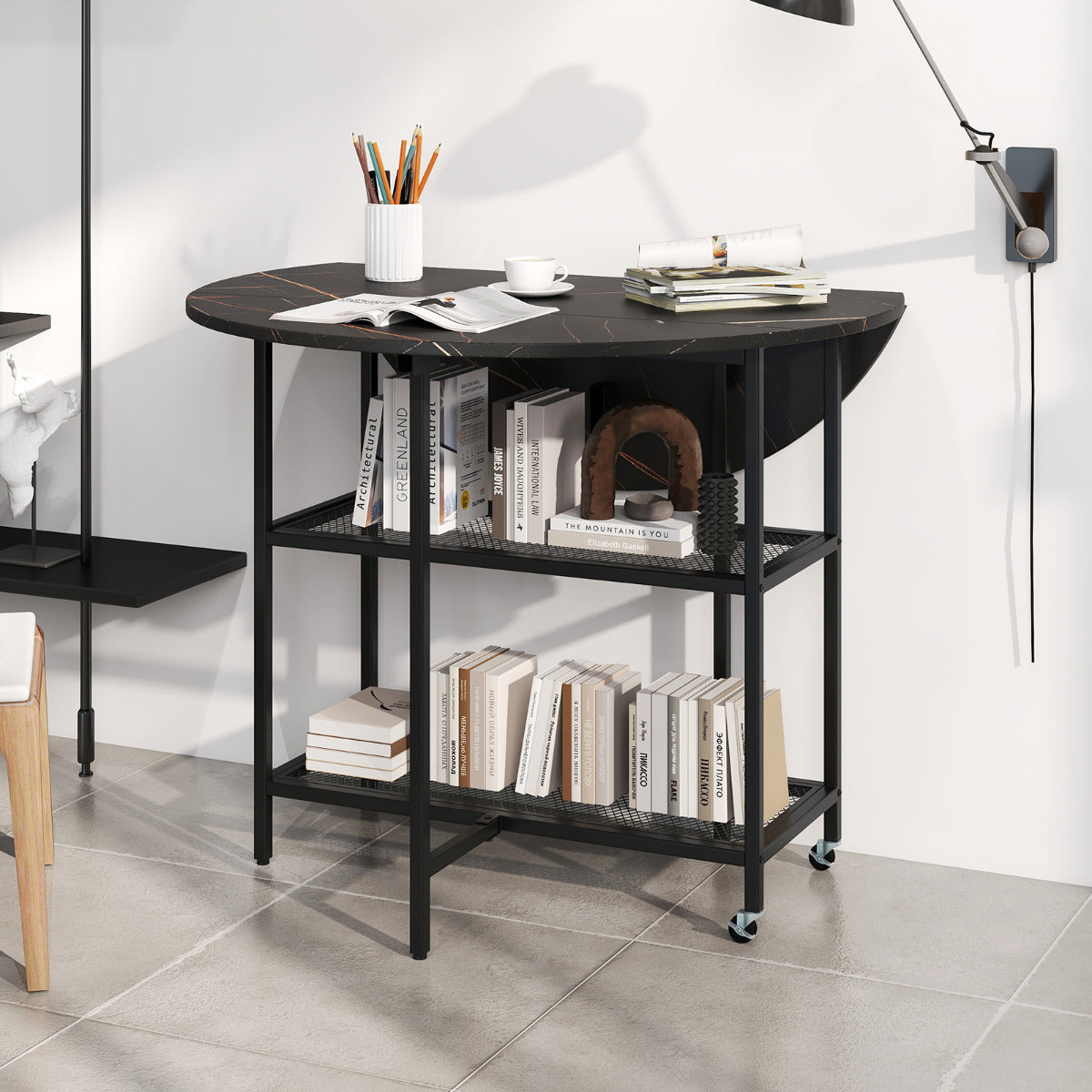 Round Kitchen Table Modern Dining Table with Drop Leaf Tabletop-Black