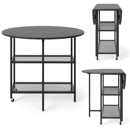 Round Kitchen Table Modern Dining Table with Drop Leaf Tabletop-Black