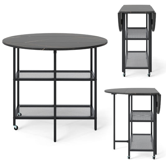Round Kitchen Table Modern Dining Table with Drop Leaf Tabletop-Black