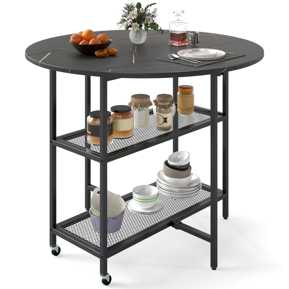 Round Kitchen Table Modern Dining Table with Drop Leaf Tabletop-Black