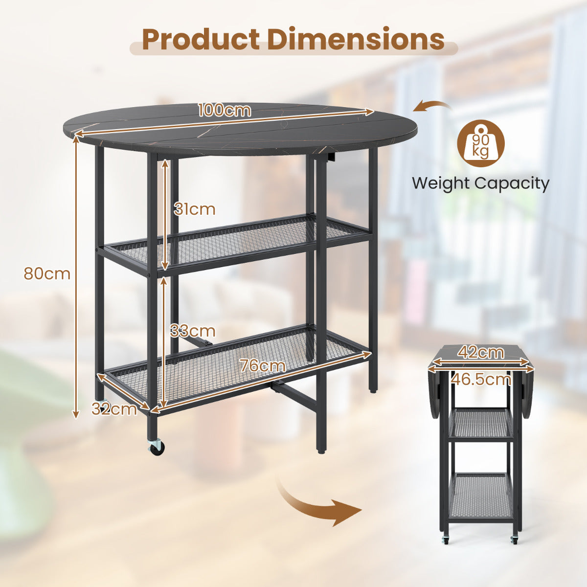 Round Kitchen Table Modern Dining Table with Drop Leaf Tabletop-Black