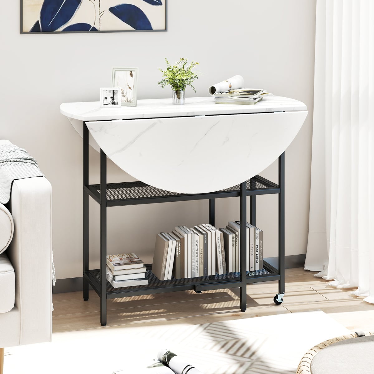 Round Kitchen Table Modern Dining Table with Drop Leaf Tabletop-White