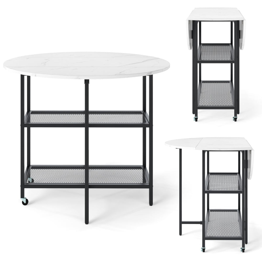 Round Kitchen Table Modern Dining Table with Drop Leaf Tabletop-White