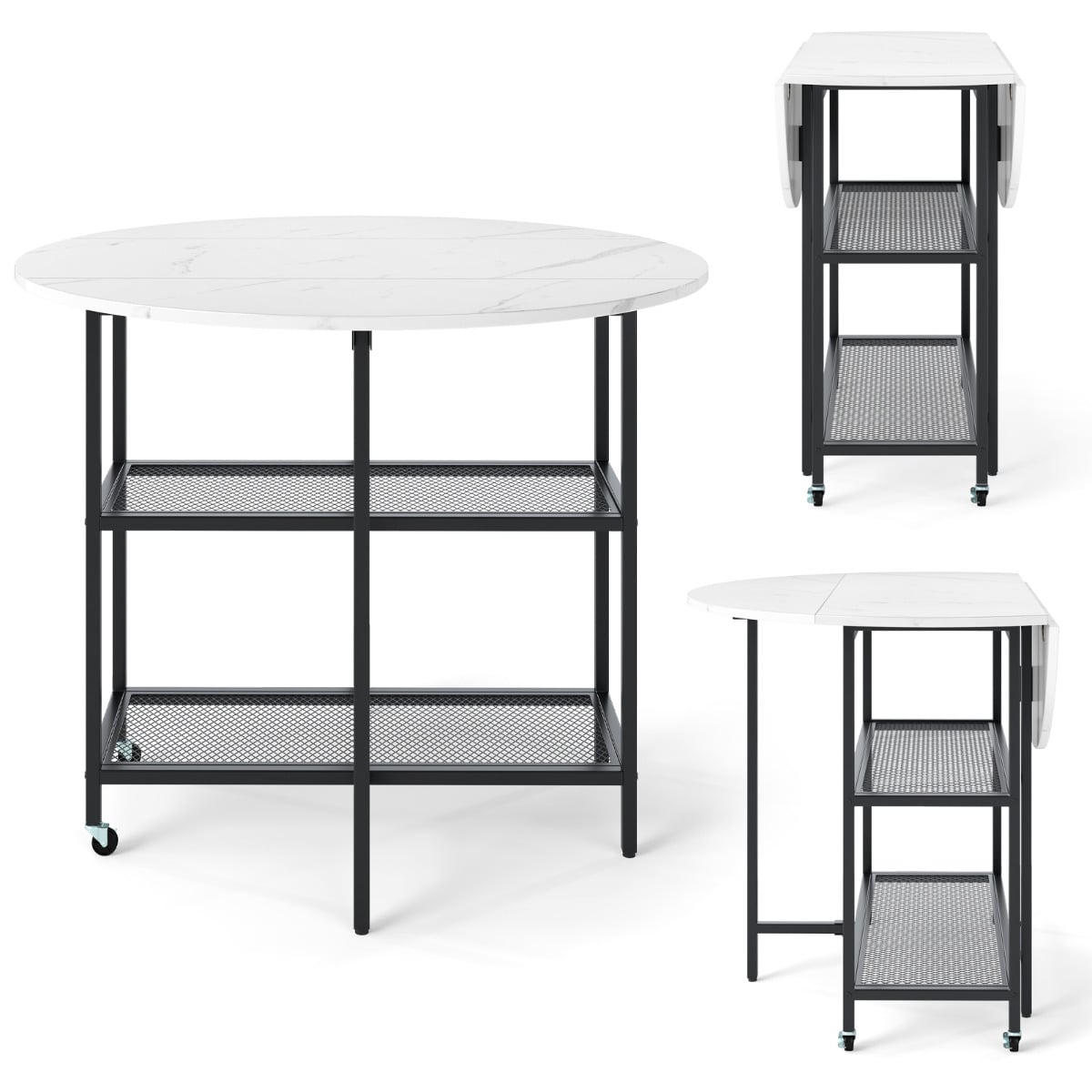 Round Kitchen Table Modern Dining Table with Drop Leaf Tabletop-White