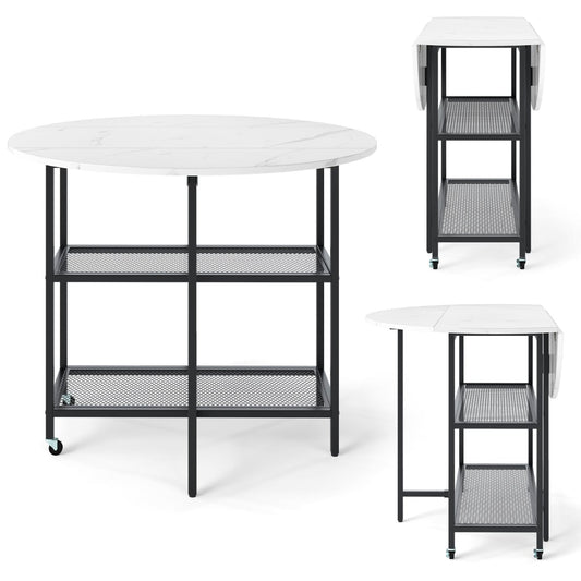 Round Kitchen Table Modern Dining Table with Drop Leaf Tabletop-White